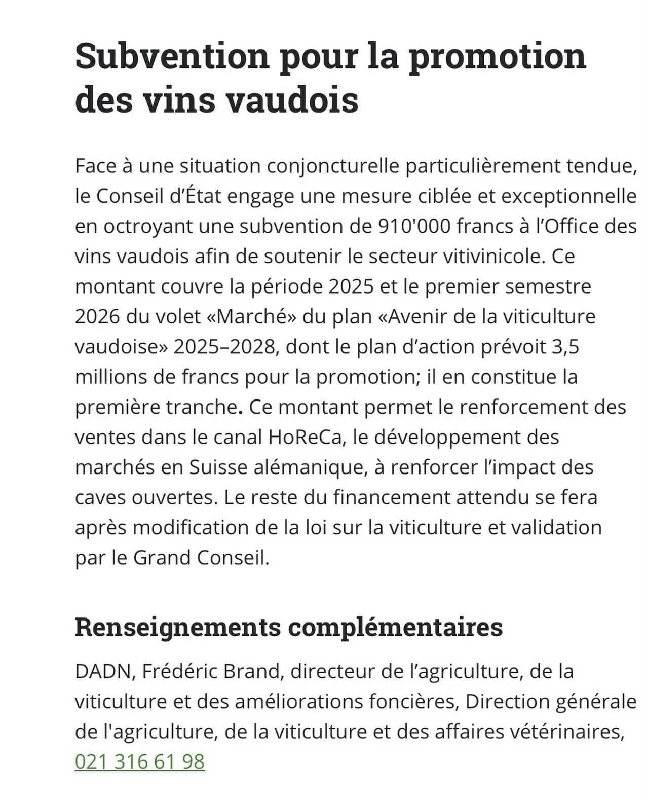 🍇 Soutien renforc&eacute; &agrave; la viticulture vaudoise par le Conseil d&rsquo;Etat👏🏼

Face &agrave; une conjoncture particuli&egrave;rement tendue, le Conseil d&rsquo;&Eacute;tat agit avec une mesure cibl&eacute;e et exceptionnelle : une subve