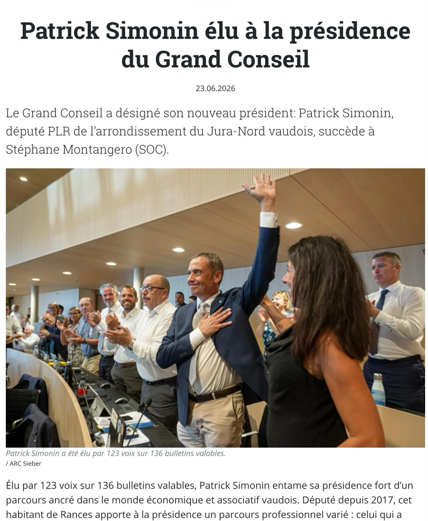 👏🏼👏🏼F&eacute;licitations &agrave; Patrick Simonin pour son &eacute;lection &agrave; la pr&eacute;sidence du Grand Conseil vaudois !👏🏼👏🏼

☝🏽&Eacute;lu avec une tr&egrave;s large majorit&eacute;, il prend aujourd&rsquo;hui la t&ecirc;te de not
