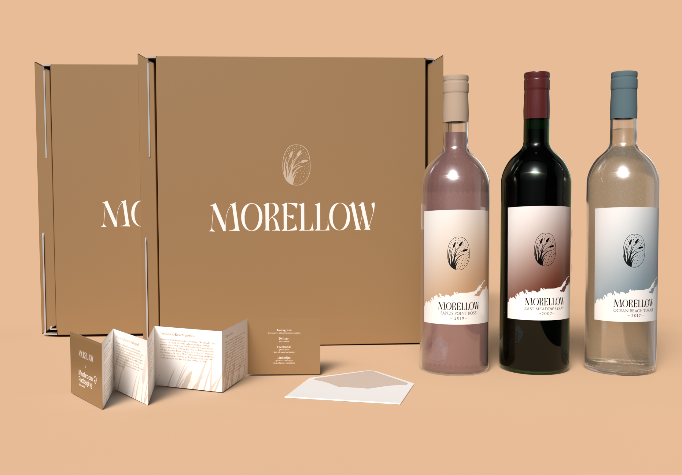 Morello bottle collection including branded packaging and informational accordion fold book