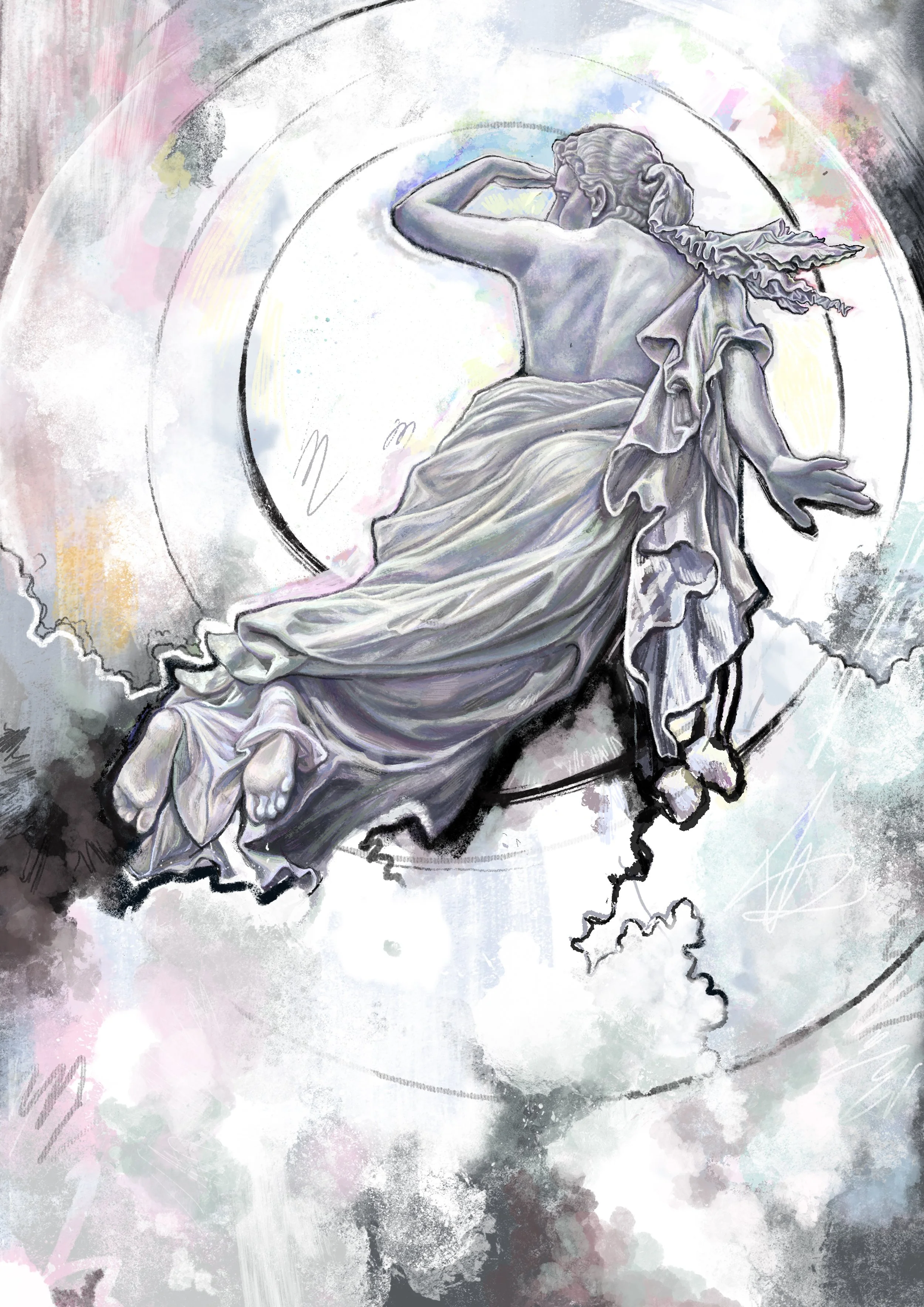 First panel of narrative triptych illustration.