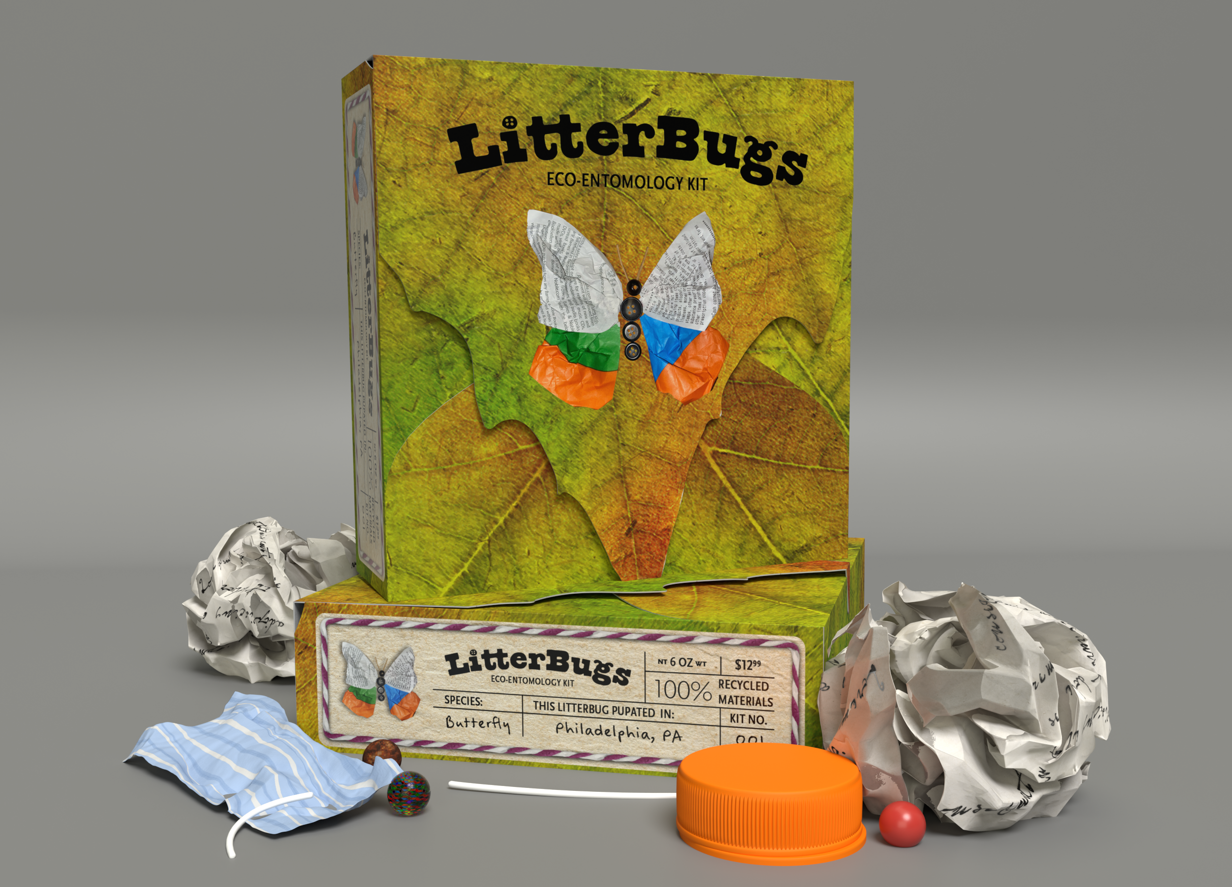 A stacked view of the LitterBugs box with the litter from the kit surrounding it.