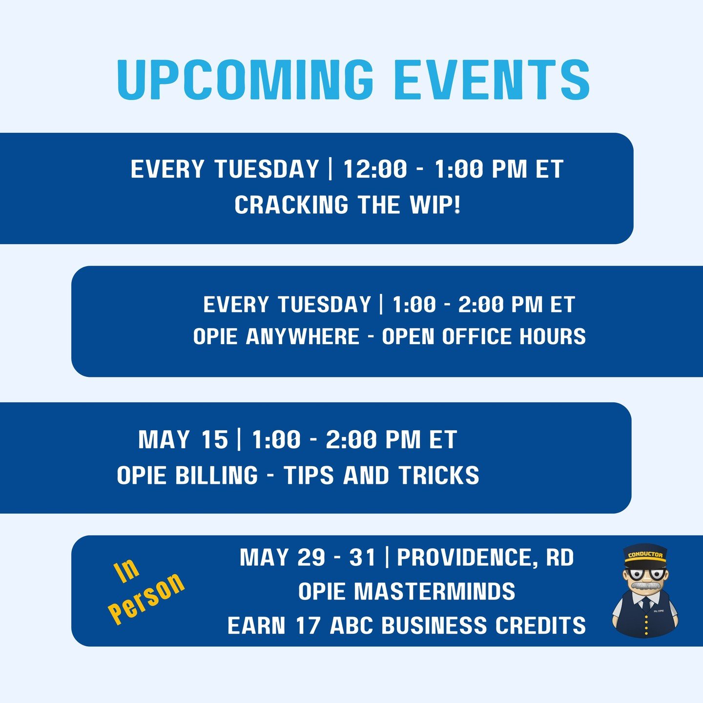 📅 Mark Your Calendars!
We're bringing the knowledge, support, and strategy—all month long. Whether you're looking to master your WIP, get billing tips, or connect in-person, we've got you covered:
Weekly Webinars
🔹 Cracking the WIP — T