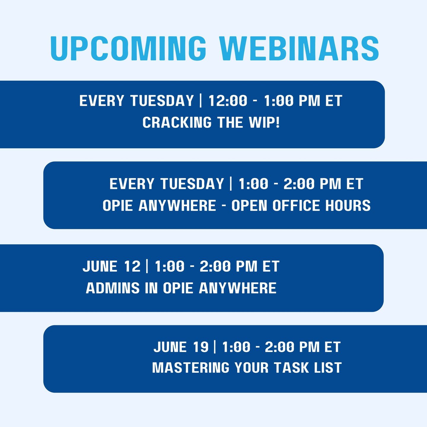 ๐
Mark Your Calendars!
We're bringing the knowledge, support, and strategy—all month long. Whether you're looking to master your WIP or connect in-person, we've got you covered:
โจ Weekly Webinars
๐น Cracking the WIP — Tuesdays | 12&ndas