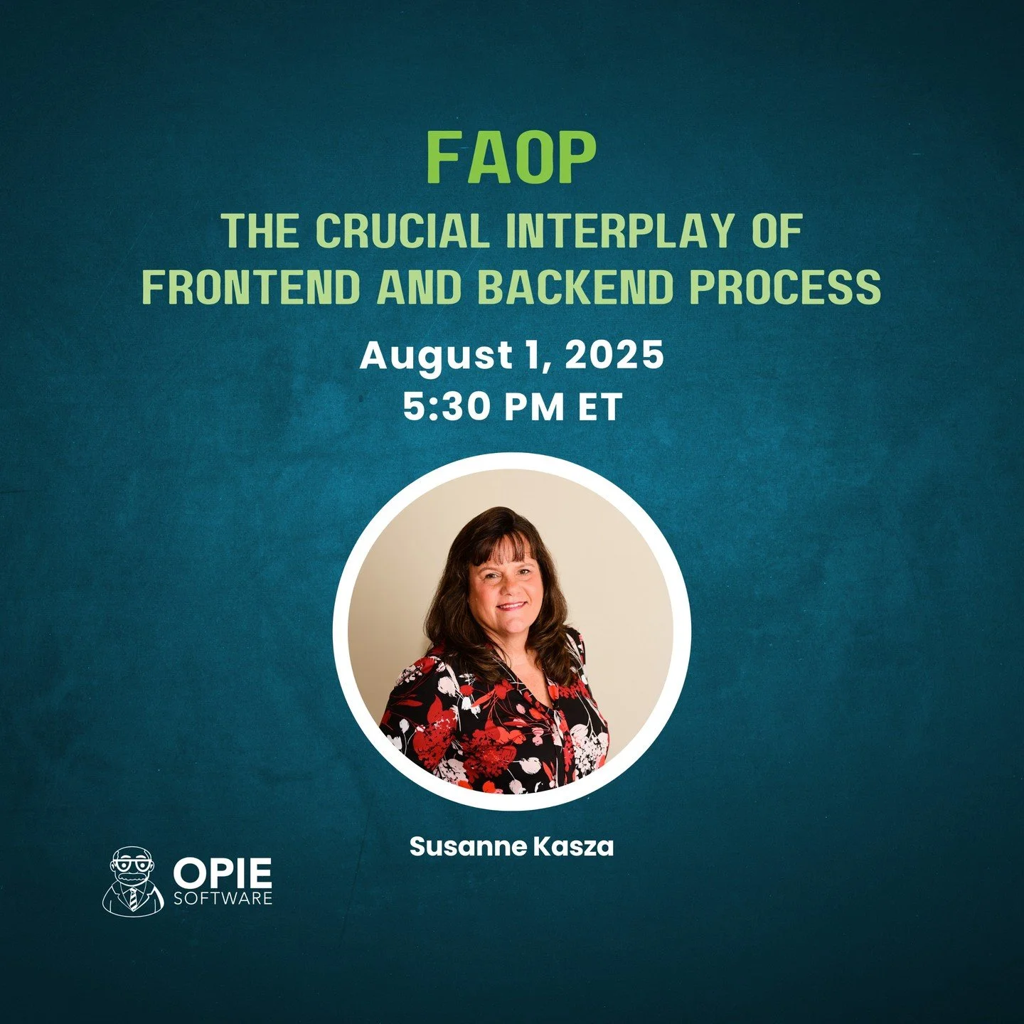 Join us August 1st @ 5:30pm at FAOP in Orlando, FL!
Discover how your frontend and backend billing teams can work in perfect sync.
Susanne Kasza will walk you through the strategies that make claims audit-proof and your billing foundation sustainable