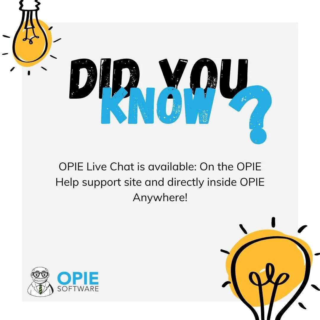 Did you know? 

OPIE Live Chat is available: 
📍 On the OPIE Help support site 
📍 Directly inside OPIE Anywhere (Toggled off by default)

No phone calls. 
No digging through email. 
Just instant access to support. 

#OpieSoftware #OandP #DidYouKnow
