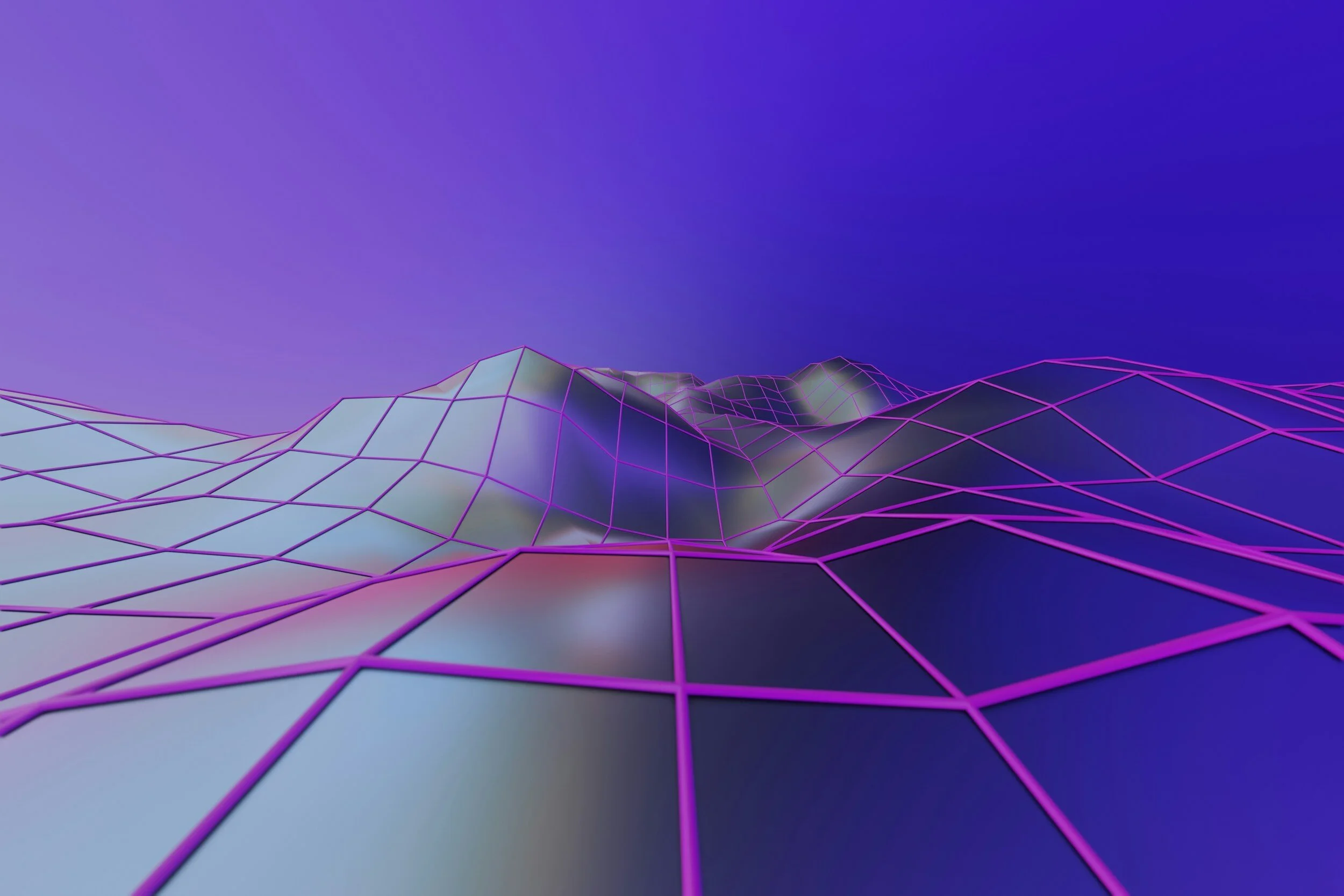 Abstract 3D landscape with purple grid and hills against a purple gradient background.