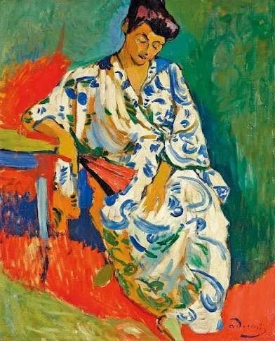 Painting of a woman in a blue and white patterned dress sitting on a bench against a green and red background.