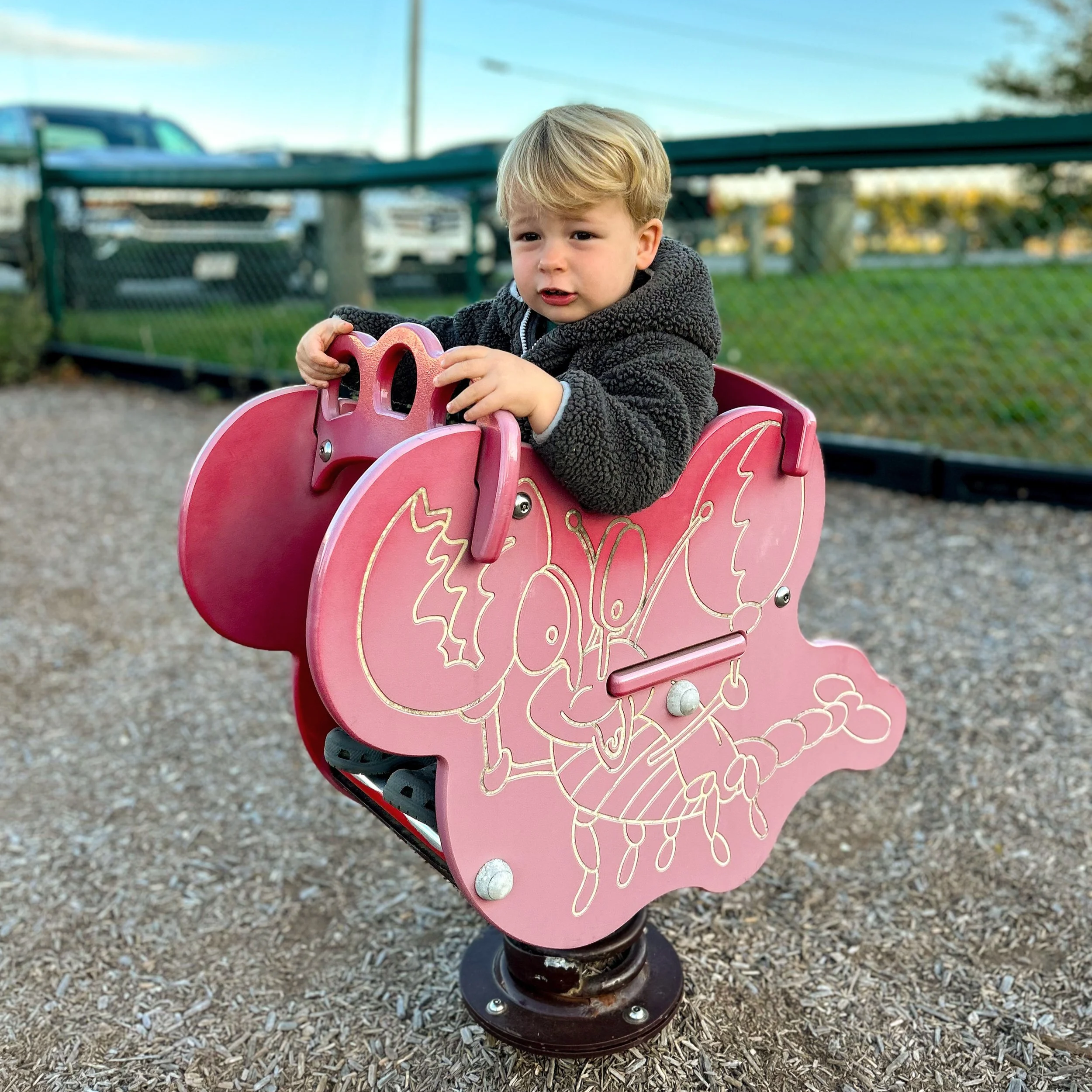 Toddler boy with blonde hair in a fuzzy grey jacket sitting in a bouncy lobster toy at a playground on Cape Cod