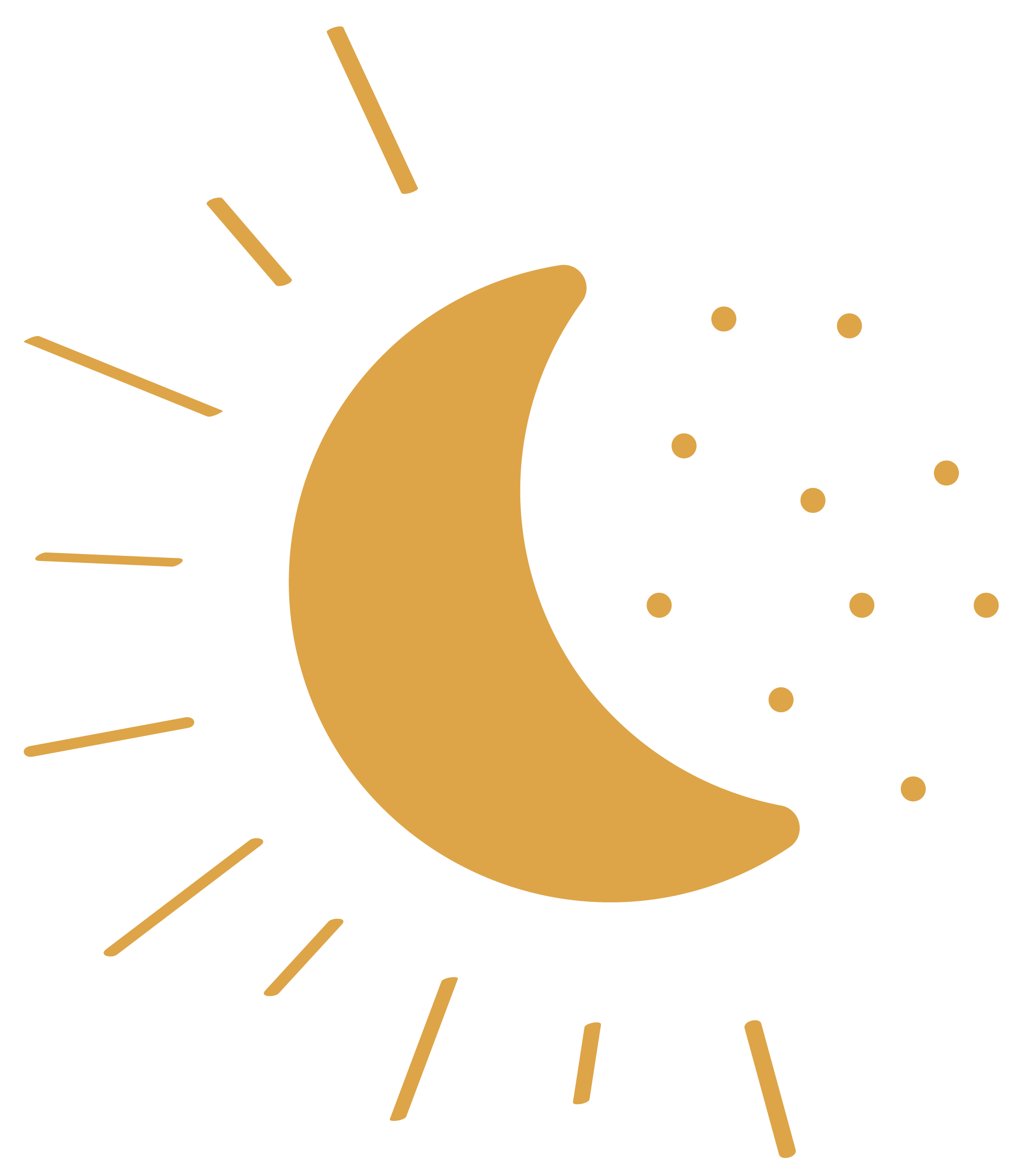 A stylized graphic of a gold crescent moon with lines and dots radiating from it