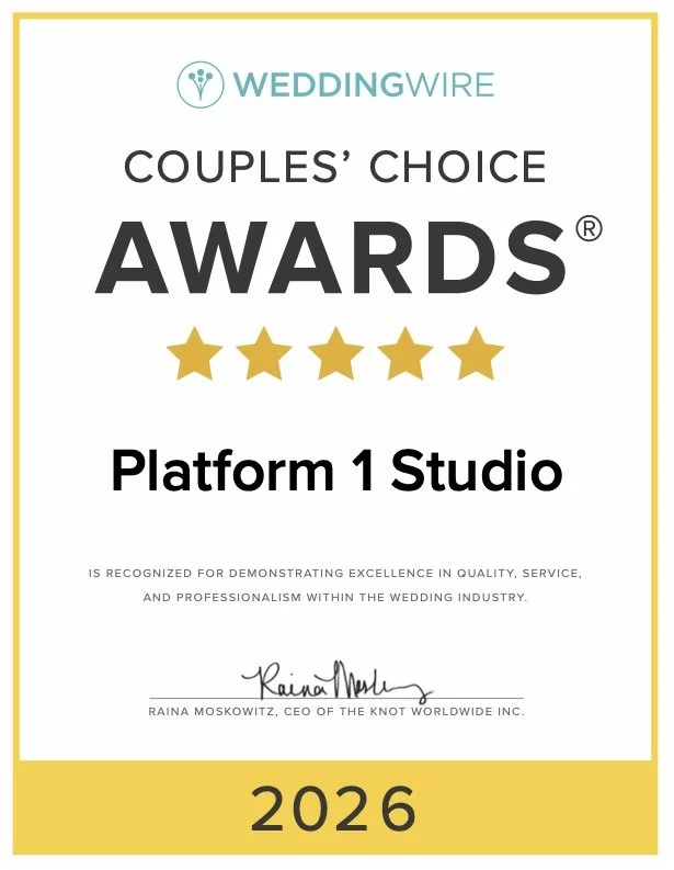 Certificate from WeddingWire awarding Platform 1 Studio with a five-star rating in the Couples' Choice Awards 2026, signed by Raina Moskowitz, CEO.
