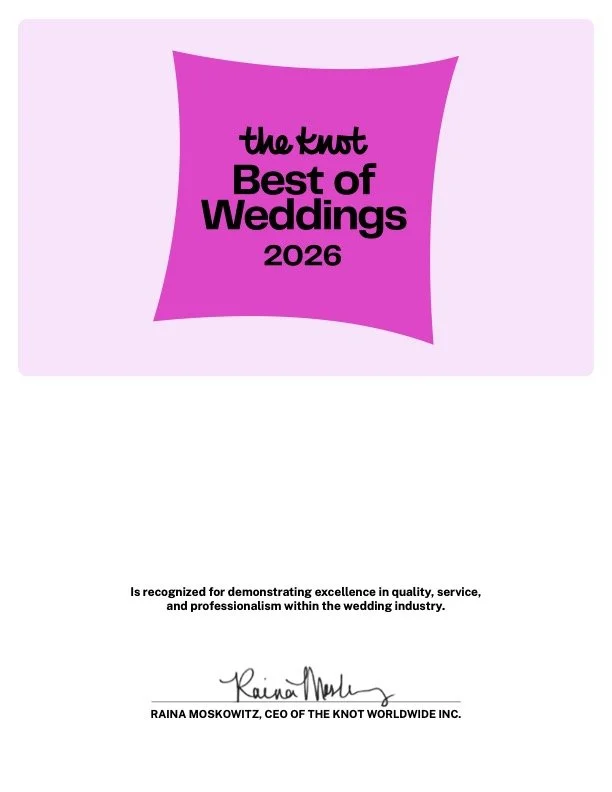 Certificate titled 'Best of Weddings 2026' from The Knot, signed by Raina Moscowitz, CEO of The Knot Worldwide Inc.