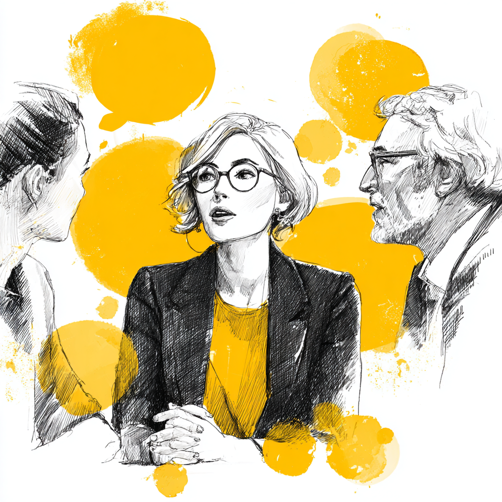 Sketch of three people in conversation, with yellow abstract background and speech bubbles.