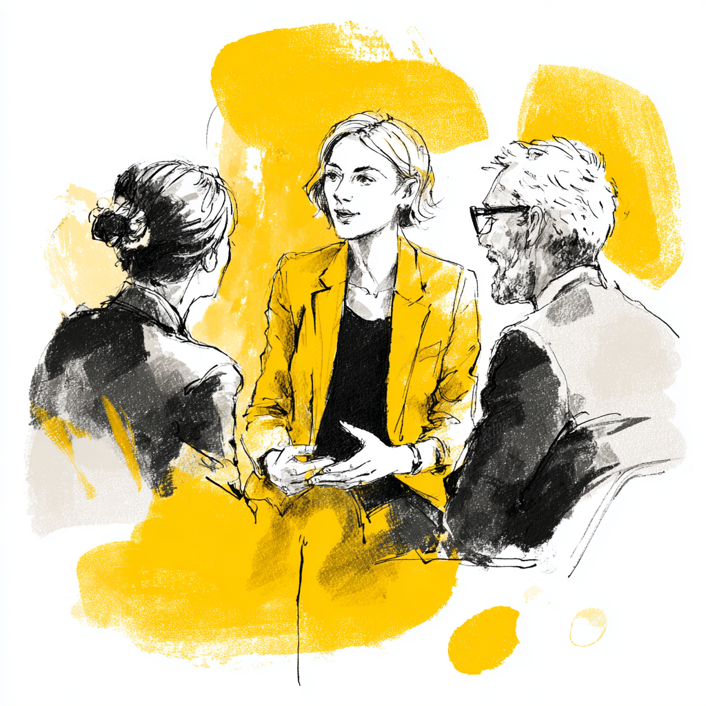 Illustration of three people having a discussion, with a woman in a yellow suit speaking to two others in conversation, painted in black, white, and yellow tones.