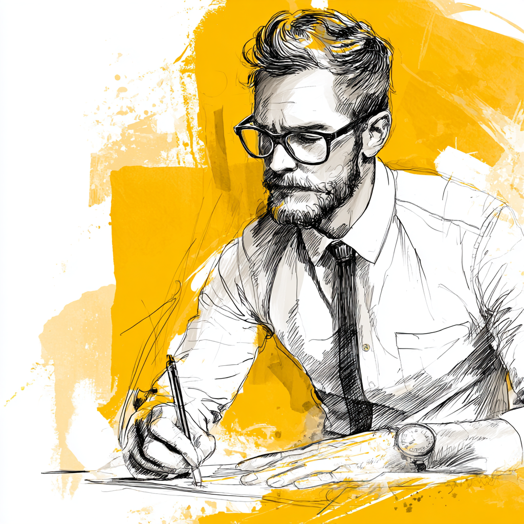 Sketch of a man with glasses, beard, and short hair, wearing a white shirt and black tie, writing on paper with a pen, with a yellow watercolor background.