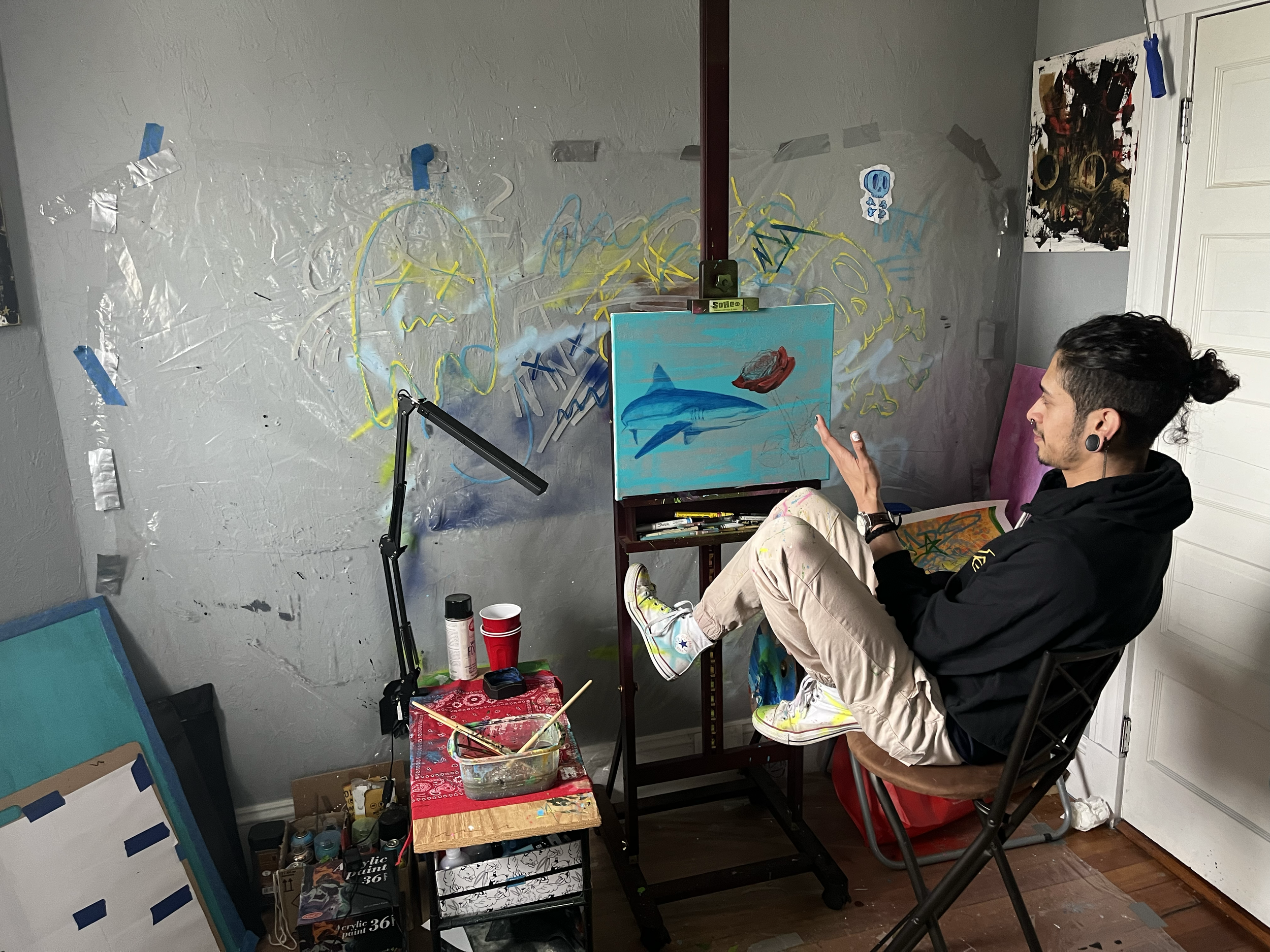 Oscar Cristales in his studio in East Boston 2023