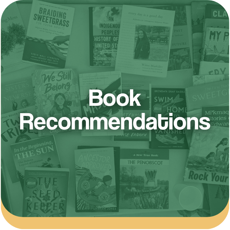 Text that reads: Book Recommendations. Image of Wabanaki and Indigenous authored books laying on a table.