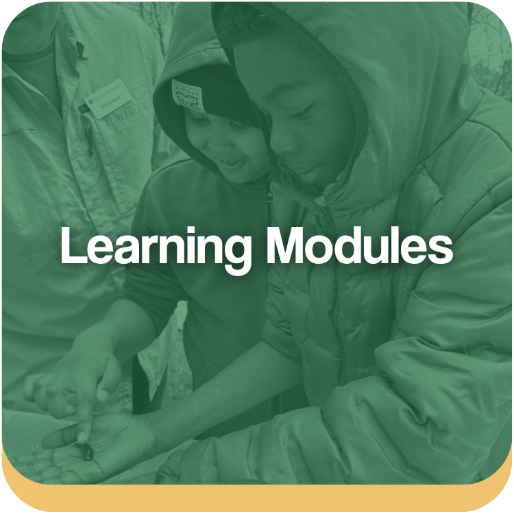 Text that reads: Learning Modules. Image of two young boys holding a slug in their hands and smiling with a teacher in the background.