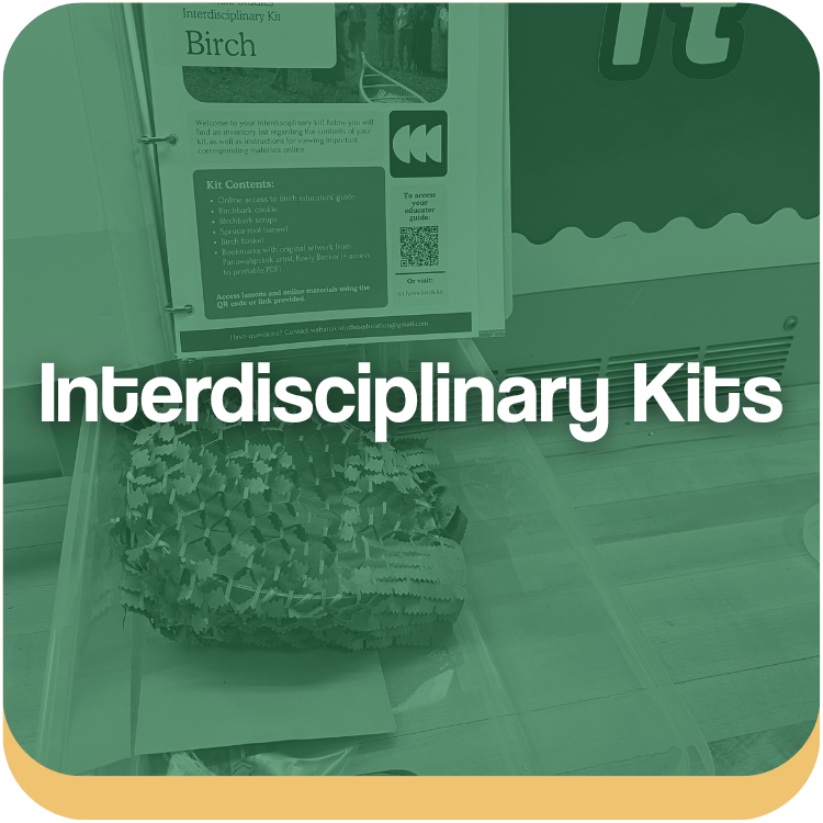 Text that reads: Interdisciplinary Kits. Image of a clear box with a paper basket and a binder of papers that says 'Birch'.