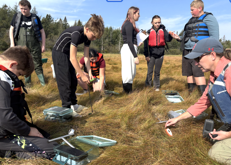 Image of a teacher and young children wearing red life jackets standing in marsh grass with scientific equipment doing tests with orange meters with trees and a blue sky in the background.