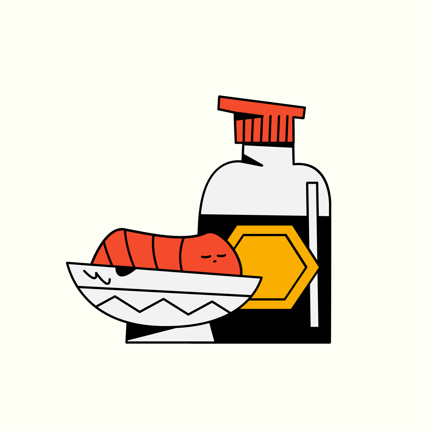 Animated sticker of a sleepy shrimp resting in a patterned bowl, placed in front of a soy sauce bottle, illustrated in a bold, flat cartoon style on a light background.