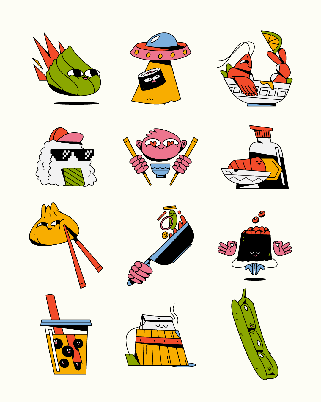 Colorful animated stickers inspired by Asian cuisine arranged in a grid.