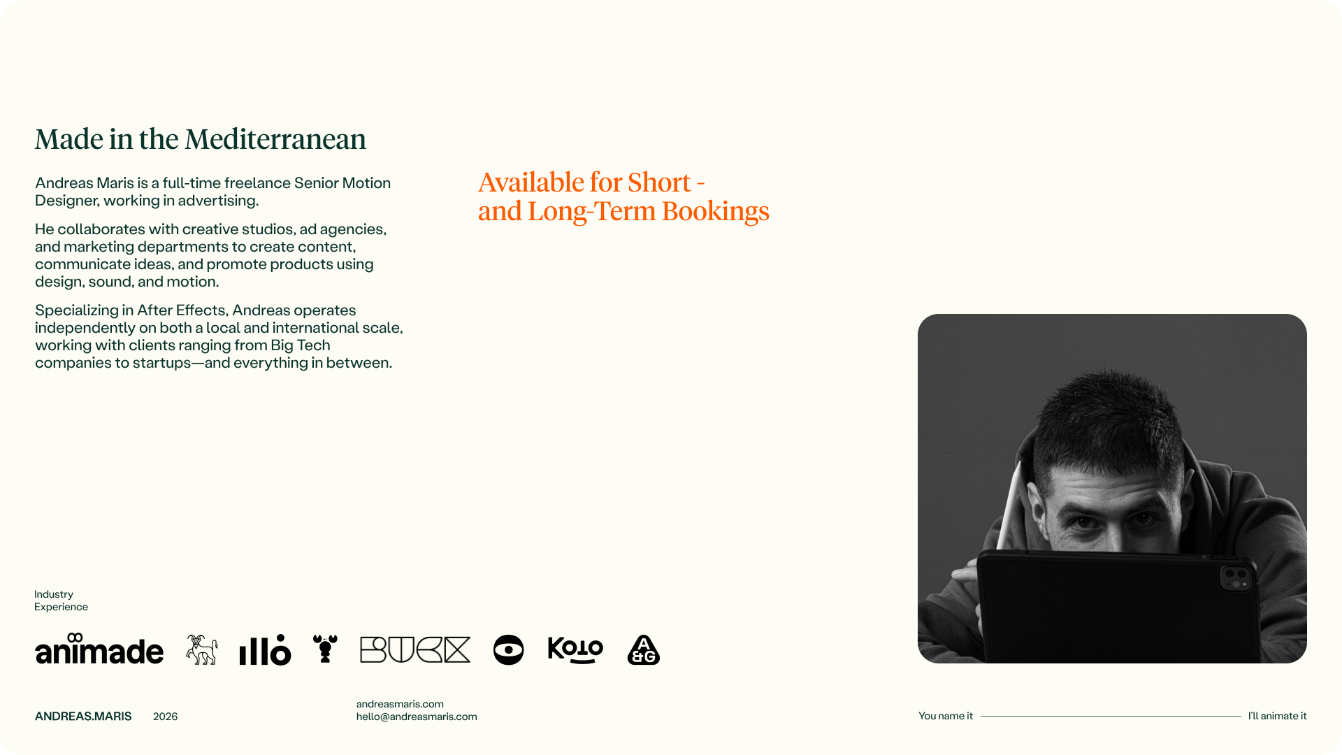 About page for a freelance motion designer