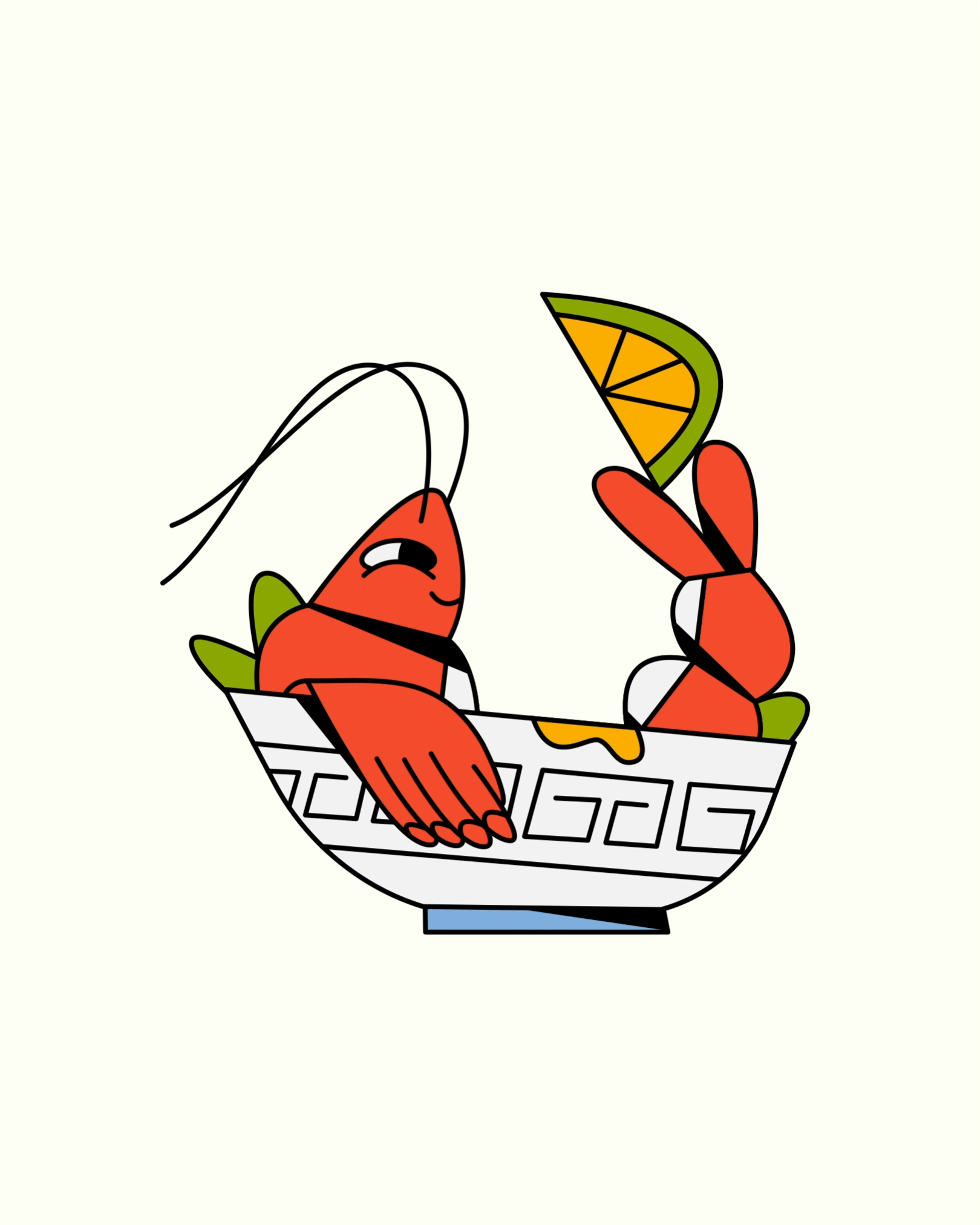 Cartoon illustration of two lobsters in a bowl, one holding a slice of citrus fruit.
