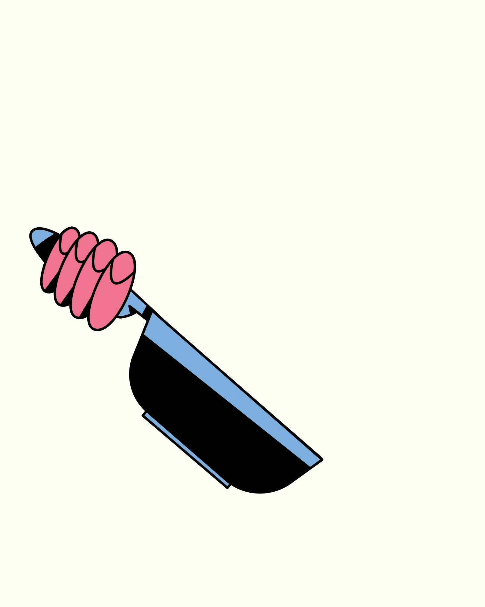 Illustration of a blue ice cream scoop with pink swirl, partially inside a black container or paper wrapper.