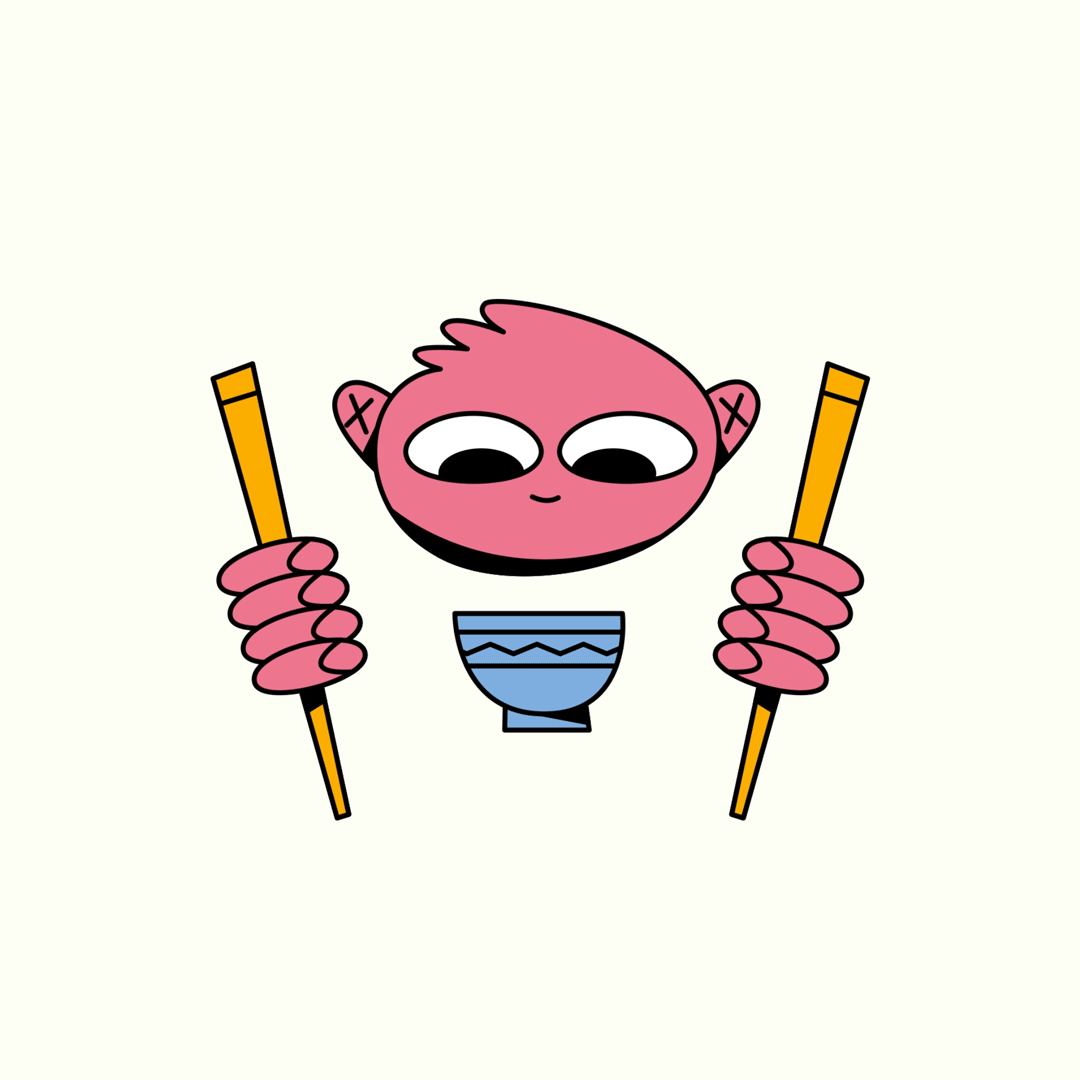 Animated sticker of a cute pink cartoon character holding yellow chopsticks, happily eating noodles from a small blue bowl on a light background.