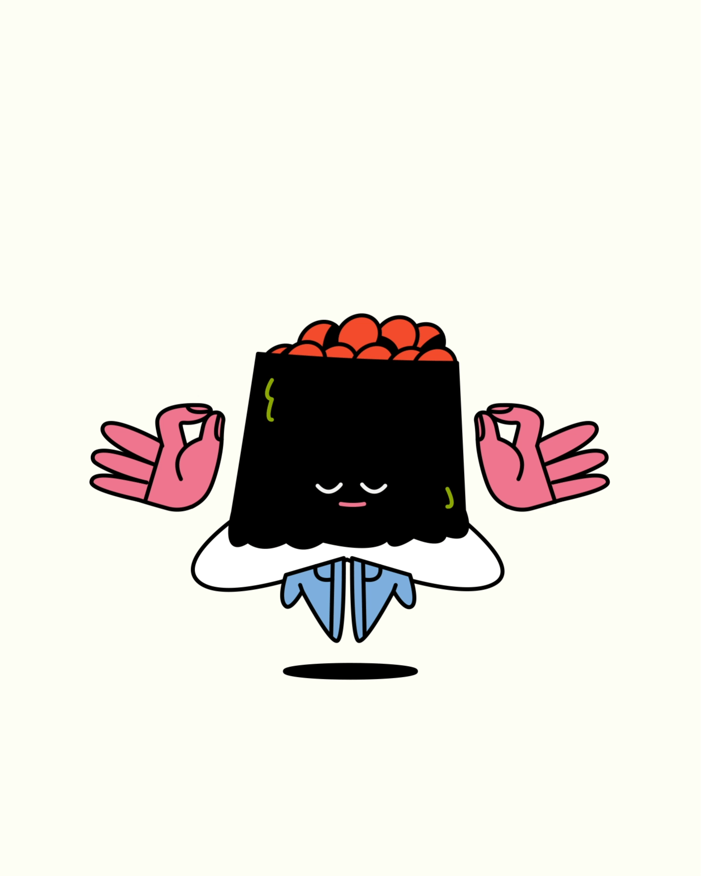 A cartoon sushi character with a rice and seaweed wrap for a body, pink hands in a meditative pose, and a calm facial expression.