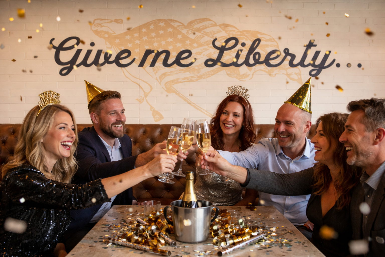 Group of friends celebrating New Year’s Eve at Liberty Tavern, clinking champagne flutes in a cozy leather booth beneath the “Give me Liberty…” wall mural as gold confetti falls in a warm, festive dining room.