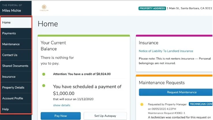 Screenshot of a property management portal homepage showing account balance, scheduled payment, insurance note, maintenance request button, and navigation menu with options like Home, Payments, Maintenance, Contact Us, Shared Documents, Insurance, Property Details, Account Profile, and Help.