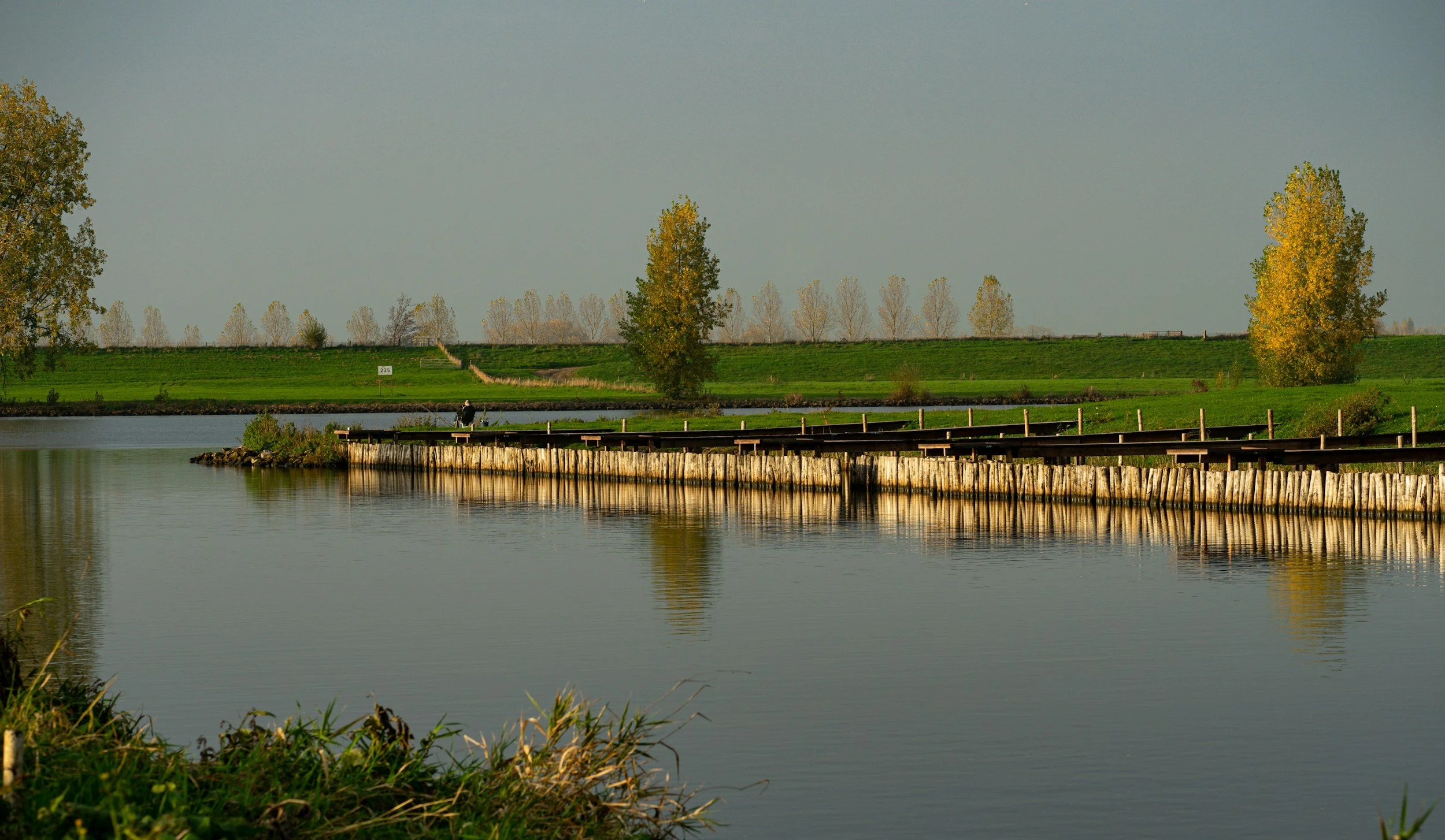 A calm river with a wooden dock extending into the water, surrounded by green grass and trees with fall foliage, under a clear sky.