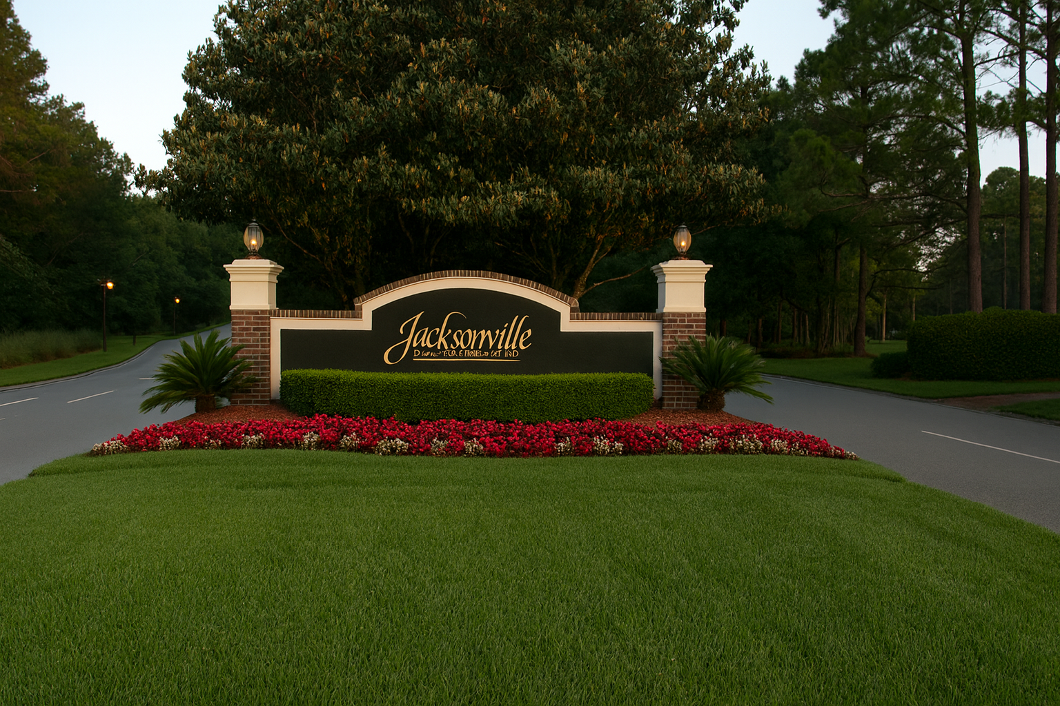 Entrance sign for Jacksonville, surrounded by well-maintained grass, colorful flowers, hedges, and trees, with a driveway on each side.