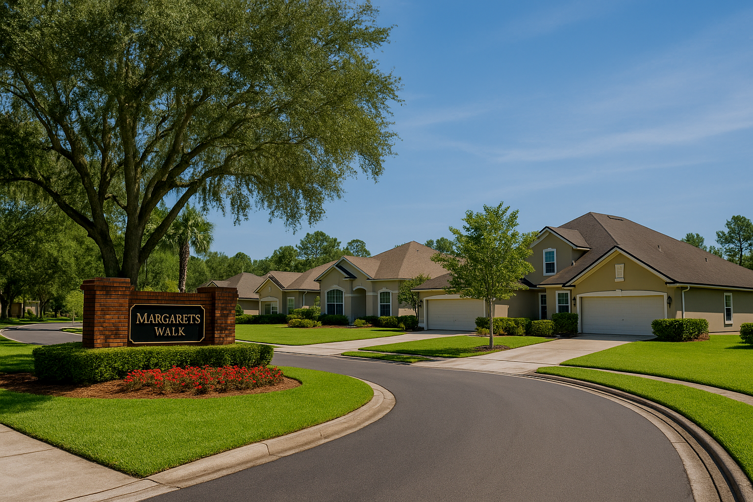 A suburban neighborhood with a curved street, green lawns, houses, and a large tree. A sign reads "Margaret's Walk".