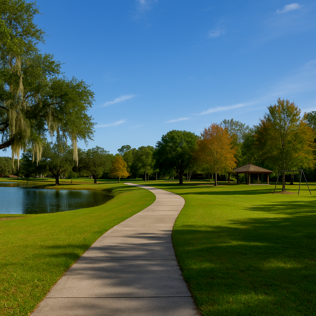 A park with a winding concrete path, green grass, trees with some fall foliage, a pond on the left, and a small pavilion and swing set on the right under a blue sky.