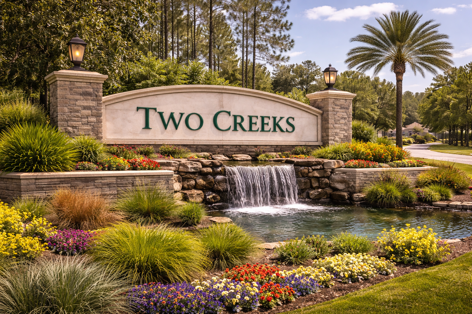 Entrance sign for Two Creeks community with a stone and concrete structure, surrounded by colorful flowers, greenery, and a small waterfall in a landscaped area. Behind the sign, there are tall trees and a clear sky.