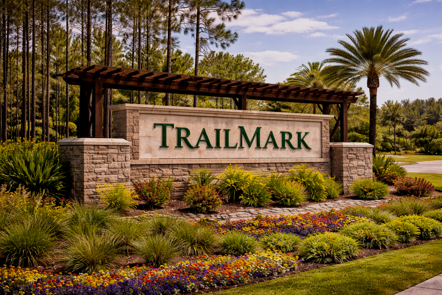 Community entrance sign reading 'Trailmark' with landscaped flower beds and tall trees in the background.