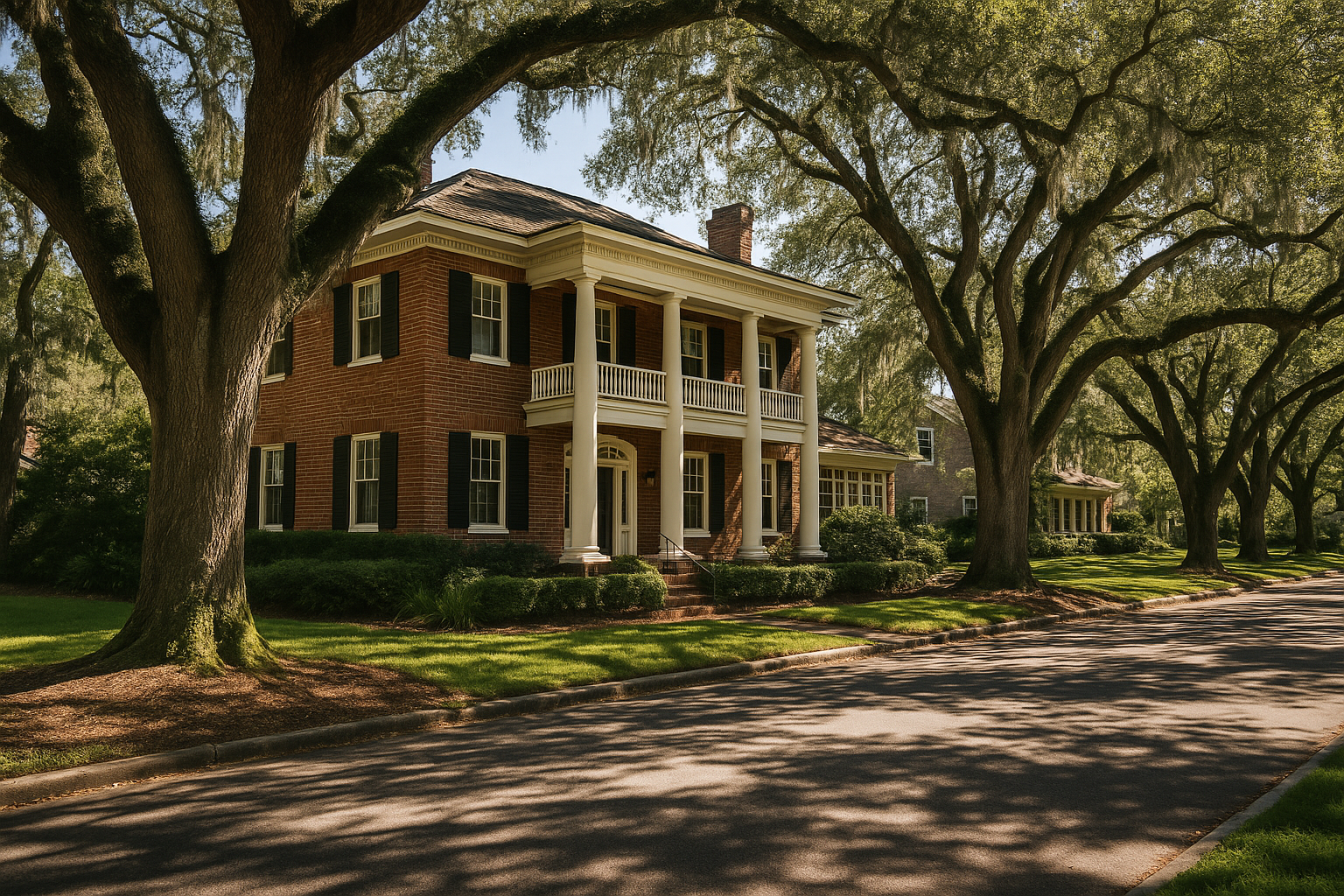 A large brick house with a front porch supported by white columns, surrounded by large trees and a neatly manicured lawn on a sunny day.