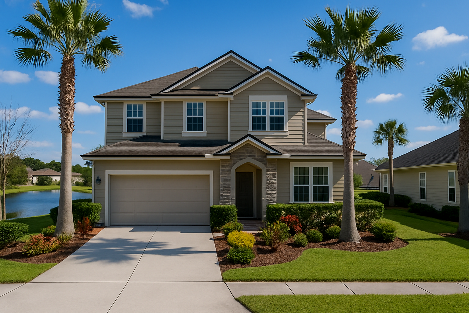A two-story house with beige siding, a dark gray roof, and white window trims, surrounded by palm trees and a green lawn, with a small pond nearby under a partly cloudy sky.