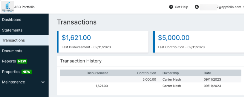 Screenshot of an online financial dashboard showing transaction details, including a disbursement of $1,621.00 and a contribution of $5,000.00 made on September 11, 2023, with transaction history including ownership by Carter Nash.