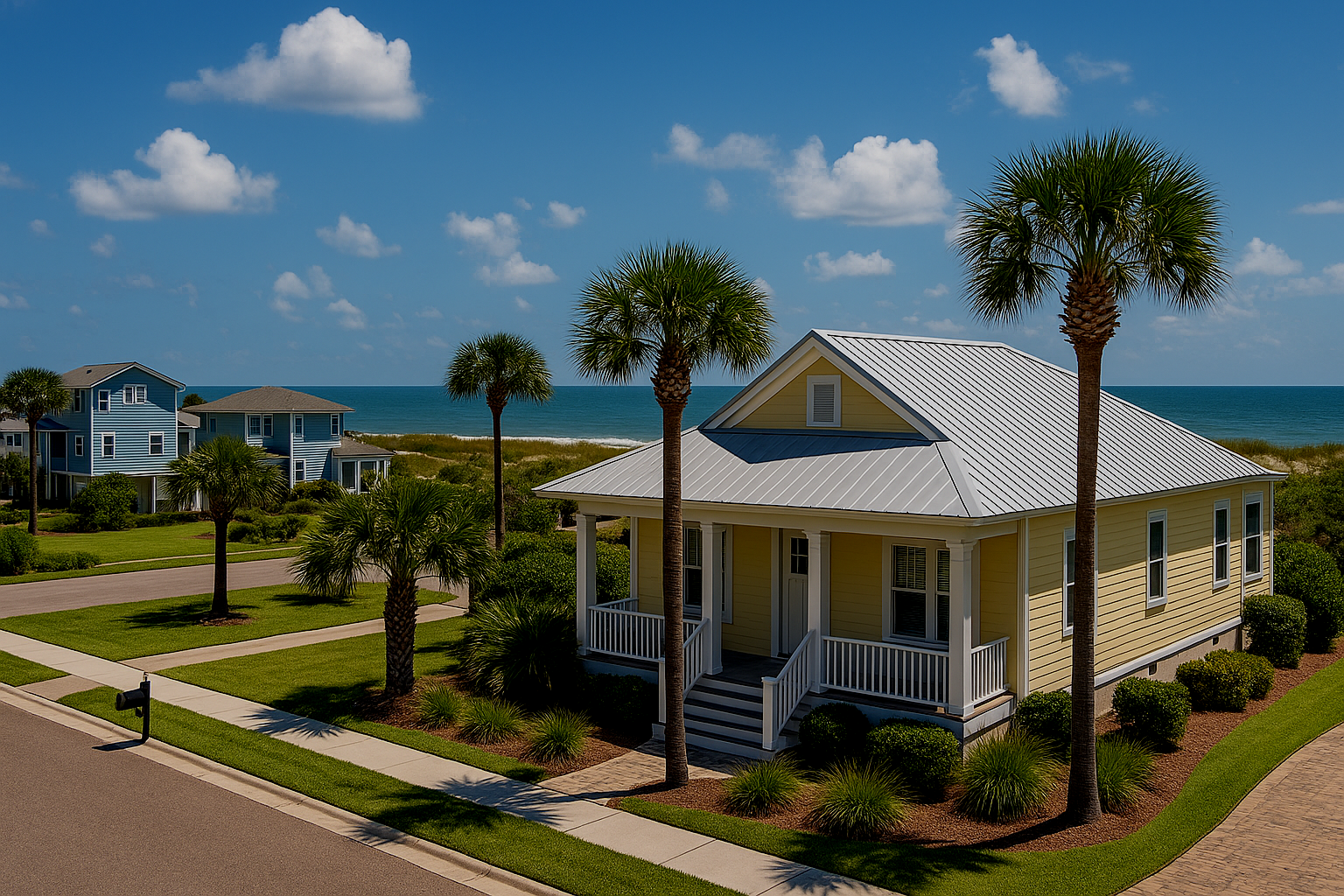 A yellow house with a metal roof on a suburban street near the beach, surrounded by palm trees and green shrubs, with other houses and the ocean in the background under a partly cloudy sky.