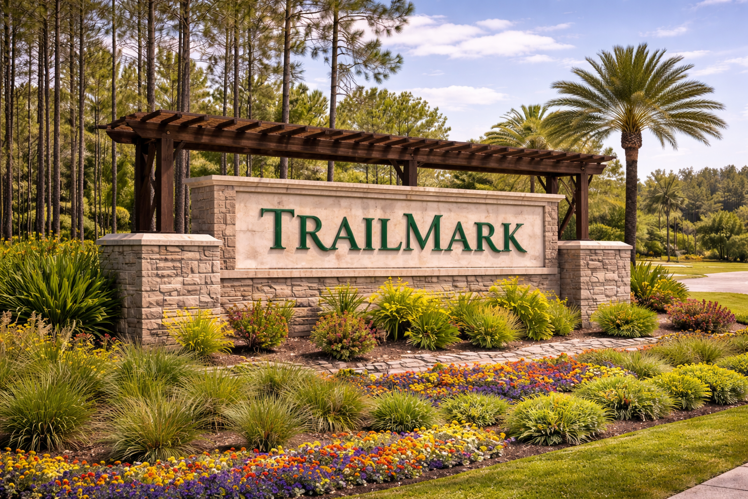 Entrance sign for Trailmark community with landscaped flowers and palm trees in the background.