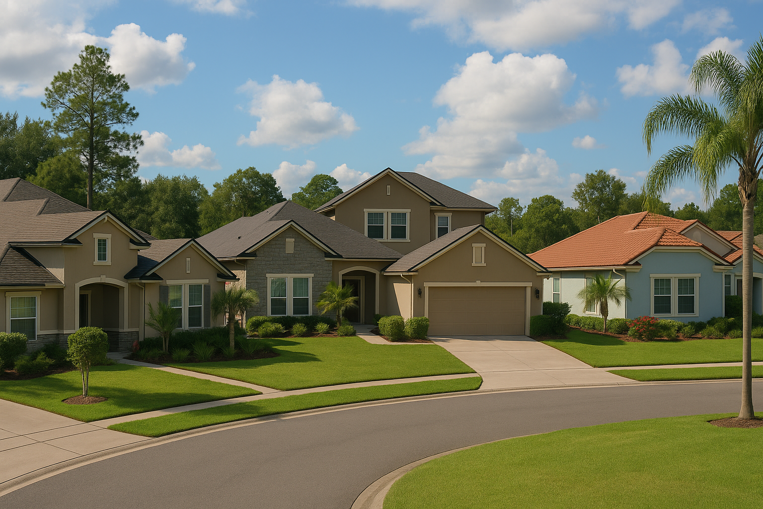 Suburban neighborhood with three houses, manicured lawns, palm trees, and a paved curved road under a partly cloudy sky.