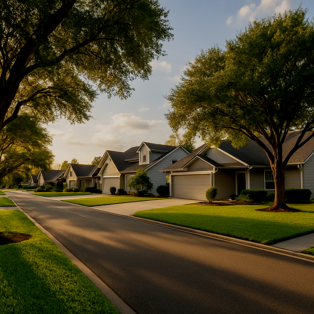 Suburban neighborhood with single-family homes, manicured lawns, and large trees during late afternoon sunlight.