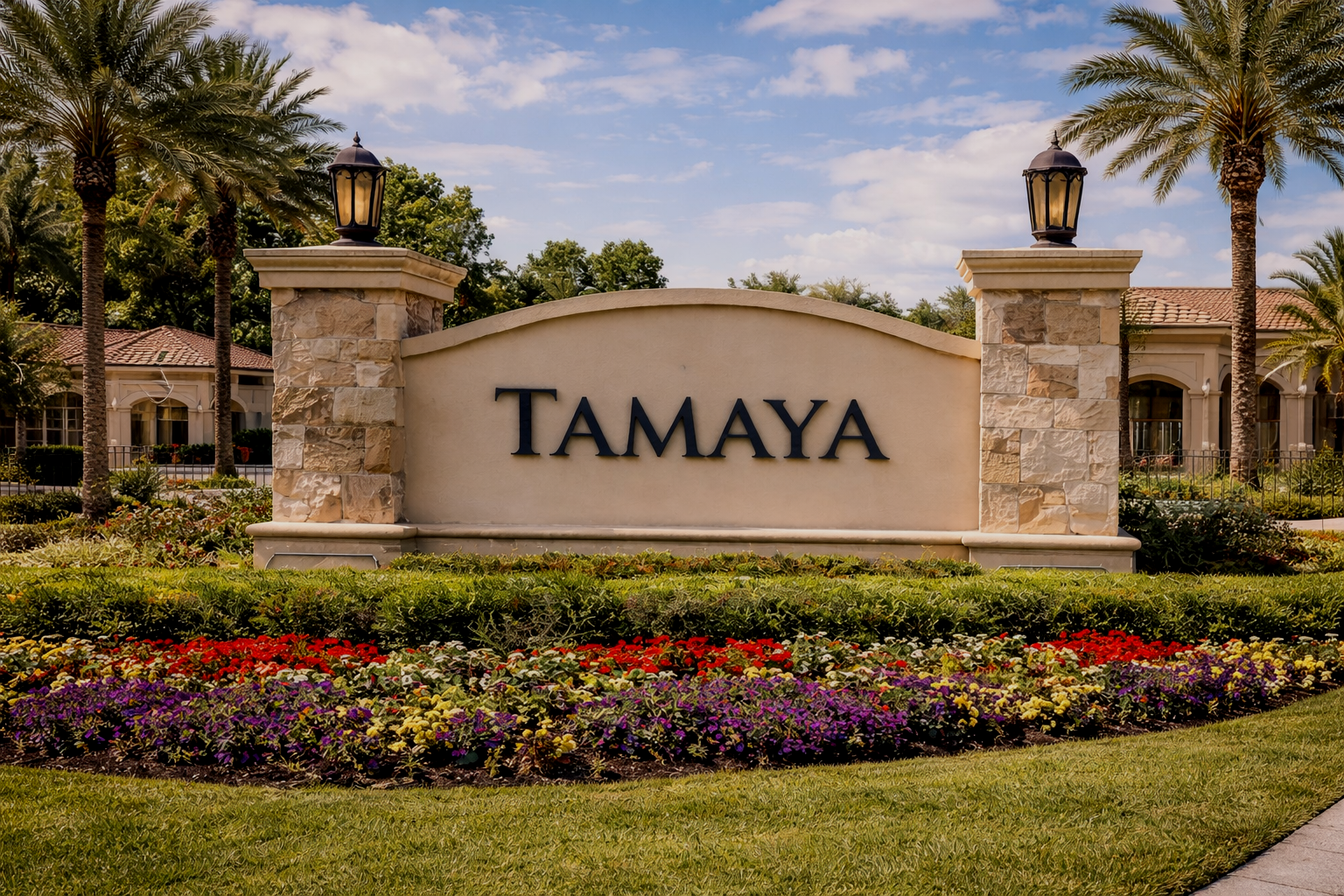A large stone and stucco sign reading Tamaya, surrounded by flowers and landscaping, with palm trees and residential buildings in the background under a partly cloudy sky.