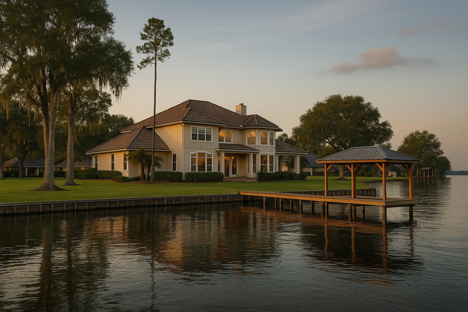 Large house with multiple windows and a tile roof situated along a body of water with a wooden dock and gazebo, surrounded by green lawns and trees at sunset.