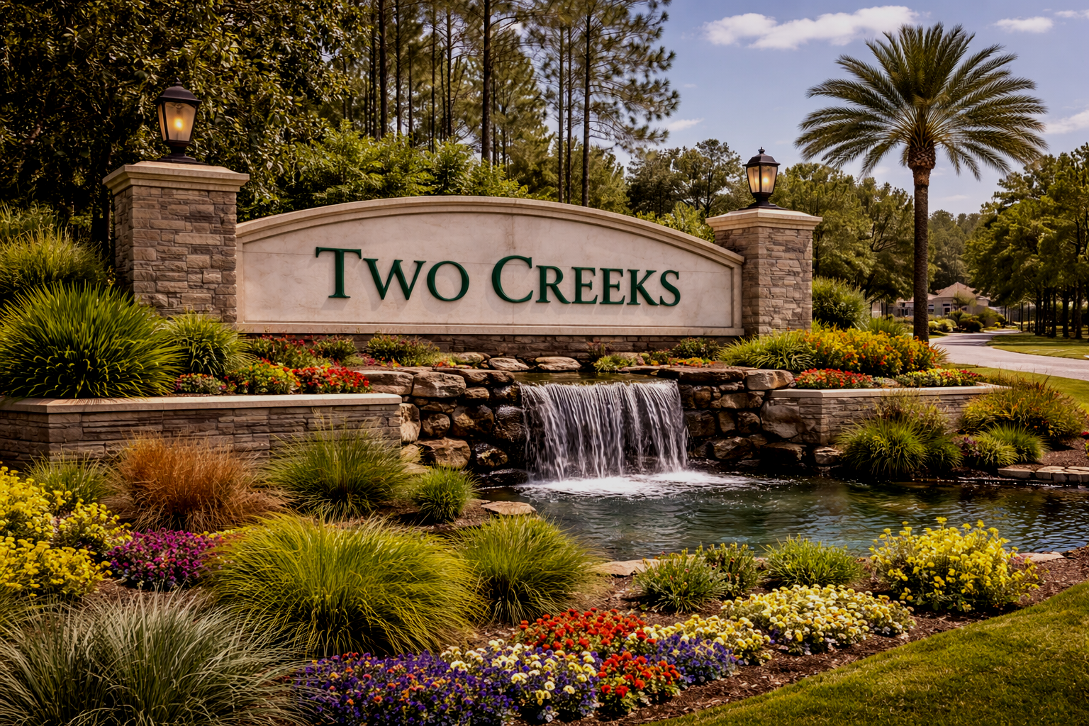 A landscaped entrance sign reading "Two Creeks" with a small waterfall, surrounded by colorful flowers, greenery, and trees under a partly cloudy sky.