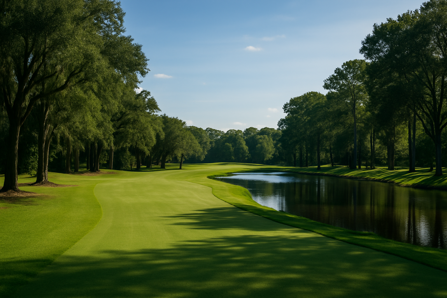 A scenic golf course with lush green grass, lined with tall trees on both sides, and a narrow waterway running parallel to the fairway under a blue sky.