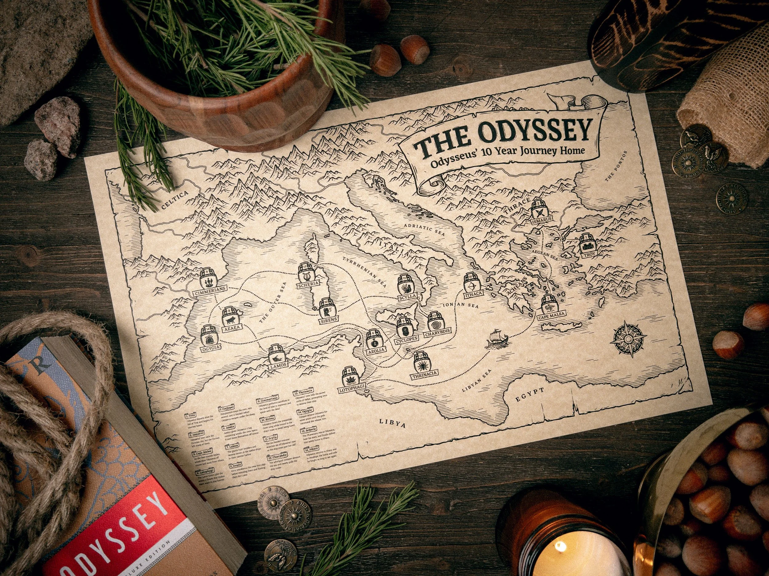 Hand-drawn map of Homer's Odyssey